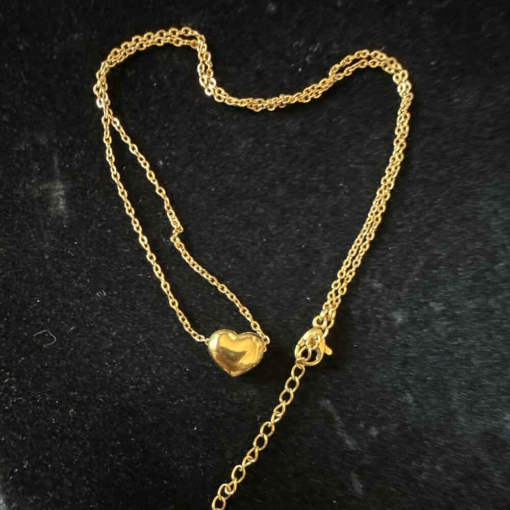 Gold Tone Heart Charm Pendant Necklace Cable Chain Adjustable Lobster Closure